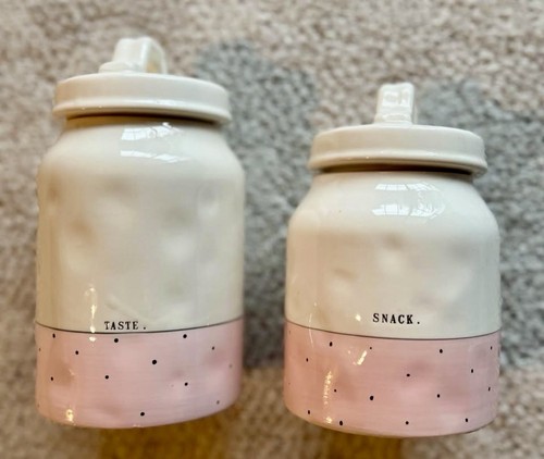 RAE DUNN Artisan CANISTER SET Pink Polka Dot “Snack” & “Taste” Sealed Lids