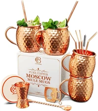 Moscow Mule Copper Mugs - Unique HANDCREFTED Gift Set of 4, Hammered by Artisan,