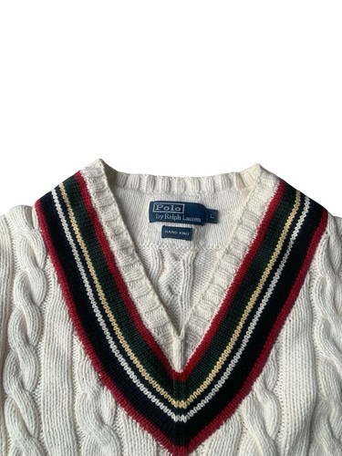 Polo Ralph Lauren Pullover Herren Large Creme Cricket Tennis Zopfmuster Handstrick - Bild 4 von 14