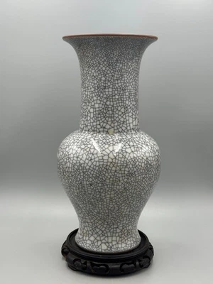 Antique 19th c. Chinese Late Qing Ge Glaze Phoenix Tail Vase, Qianlong Mark 33cm - Image 1 of 4