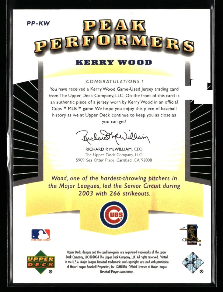 Kerry Wood 2004 Upper Deck #PP-KW Peak Performers Jerseys Game-Used Chicago Cubs - Image 2 of 2