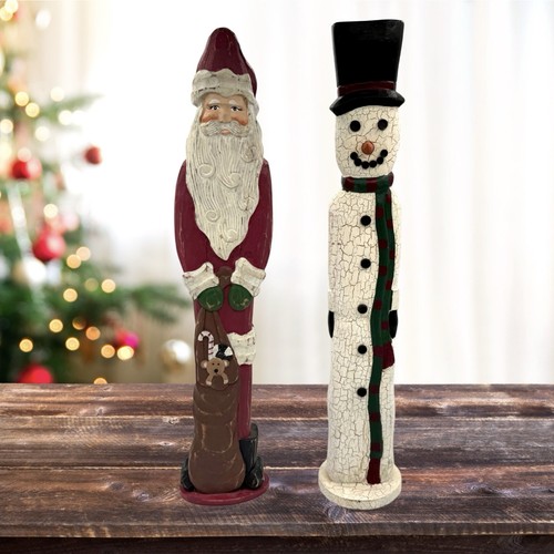 20" Pier 1 Holz stehend Distressed bemalt Bleistift/dünner Weihnachtsmann & Schneemann Set - Bild 1 von 15