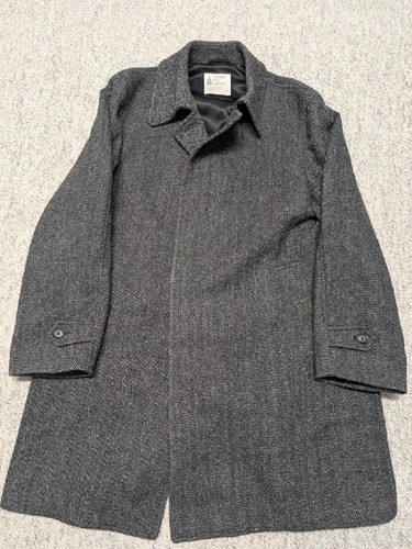 vintage TWEED herringbone OVERCOAT charcoal gray 46 donegal english wool XL - Picture 3 of 10
