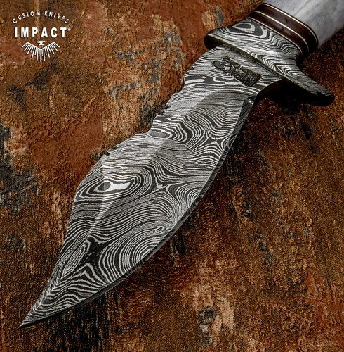IMPACT CUTLERY RARE CUSTOM ART DAMASCUS BOWIE KNIFE CAMEL BONE - Picture 7 of 15