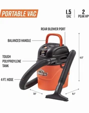 Shop vac Armor All® AA155 1.5-Gallon 2 Peak HP Portable Wet/Dry Vacuum, Orange