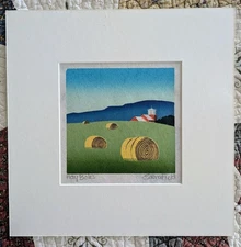 HAY BALES WOODBLOCK  PRINT by SABRA FIELD!  MATTED and SIGNED!