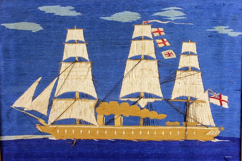Antike Matrosen Wolle Handarbeit Mitte des 19. Jahrhunderts britisches Segelschiff 20,5"x15,5" Rahmen - Bild 7 von 10