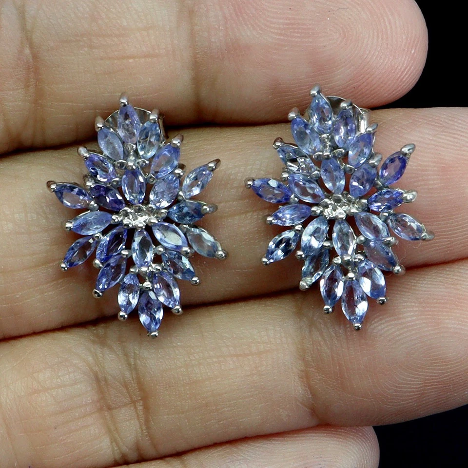 Pendientes de plata de ley 925 marquesa tanzanita piedras preciosas naturales joyería Foto 2 de 4