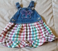 OshKosh B'gosh Girls 12 Month Denim Overall Dress Plaid Ruffle 100 Cotton