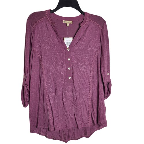 Democracy Top Split Neck Roll Tab 3/4 Sleeve Embroidered Boho Hippie Pink M