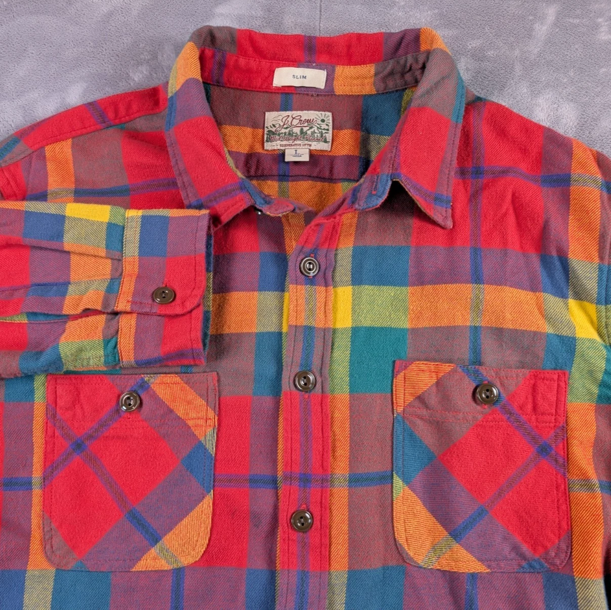 J Crew Flannel Shirt Slim Fit Plaid Button Front Casual Outdoor Colorful Men's L