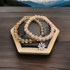 2 PC 7  Plus Stretch Bracelet Set Crystal Bead Flower Charm New Free Ship B8823