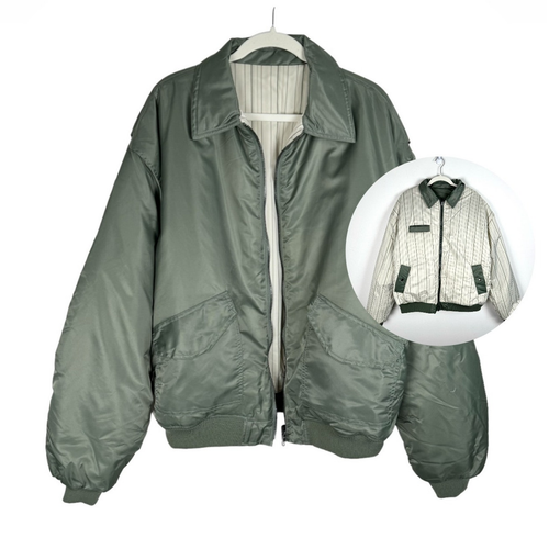 Topshop Womens Jacket XS Bomber Coat Reversible Oversized Green Beige Striped