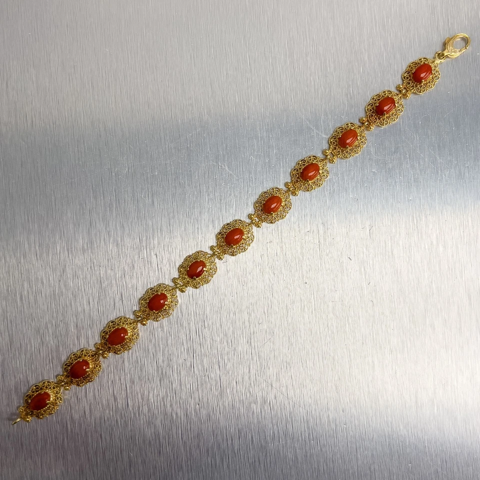 Brazalete vintage de oro amarillo de 14k 11 piedras ovalado cabujón coral estación 7,5" ITALIA Foto 2 de 4