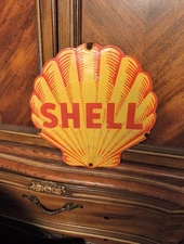 VINTAGE SHELL PORCELAIN SIGN GAS STATION ADVERTISING OIL LUBE SERVICE GARAGE AD