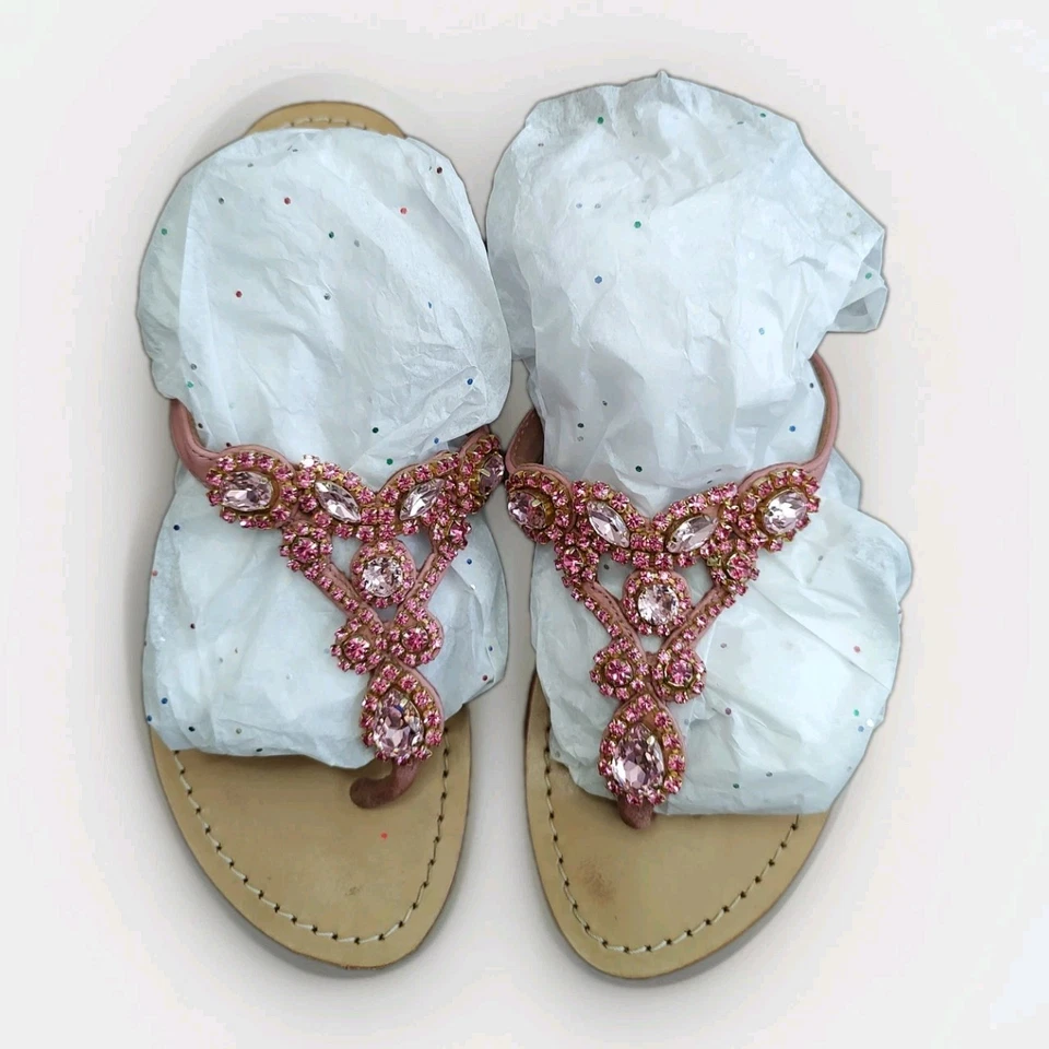Sandalias Mystique Mujer Brillante Rosa Cristal Joya Cuero Tostado Tanga Deslizables Talla 8 Foto 4 de 4