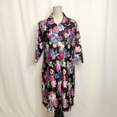 Vintage 60s Floral House Coat Quilted Satin Multicolor Half Sleeve Women's 18 38 - Picture 2 of 12