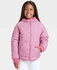 Girls' Size Large Floral Printed Hooded Reversible Puffer - Cat  Jack Rose Pink