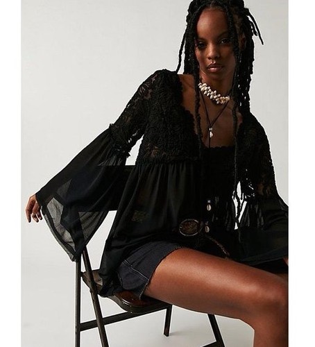 Free People Women’s XS Magdalene Crochet Tunic Black Boho Floral Festival