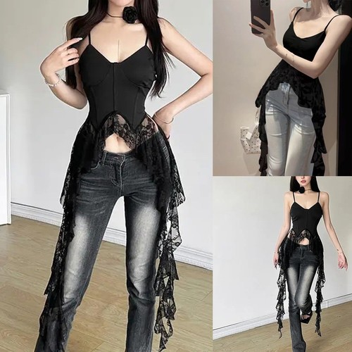 Sleek Ladies Gothic Style Irregular Ruffled Vest Perfect for Vacations - Picture 2 of 25