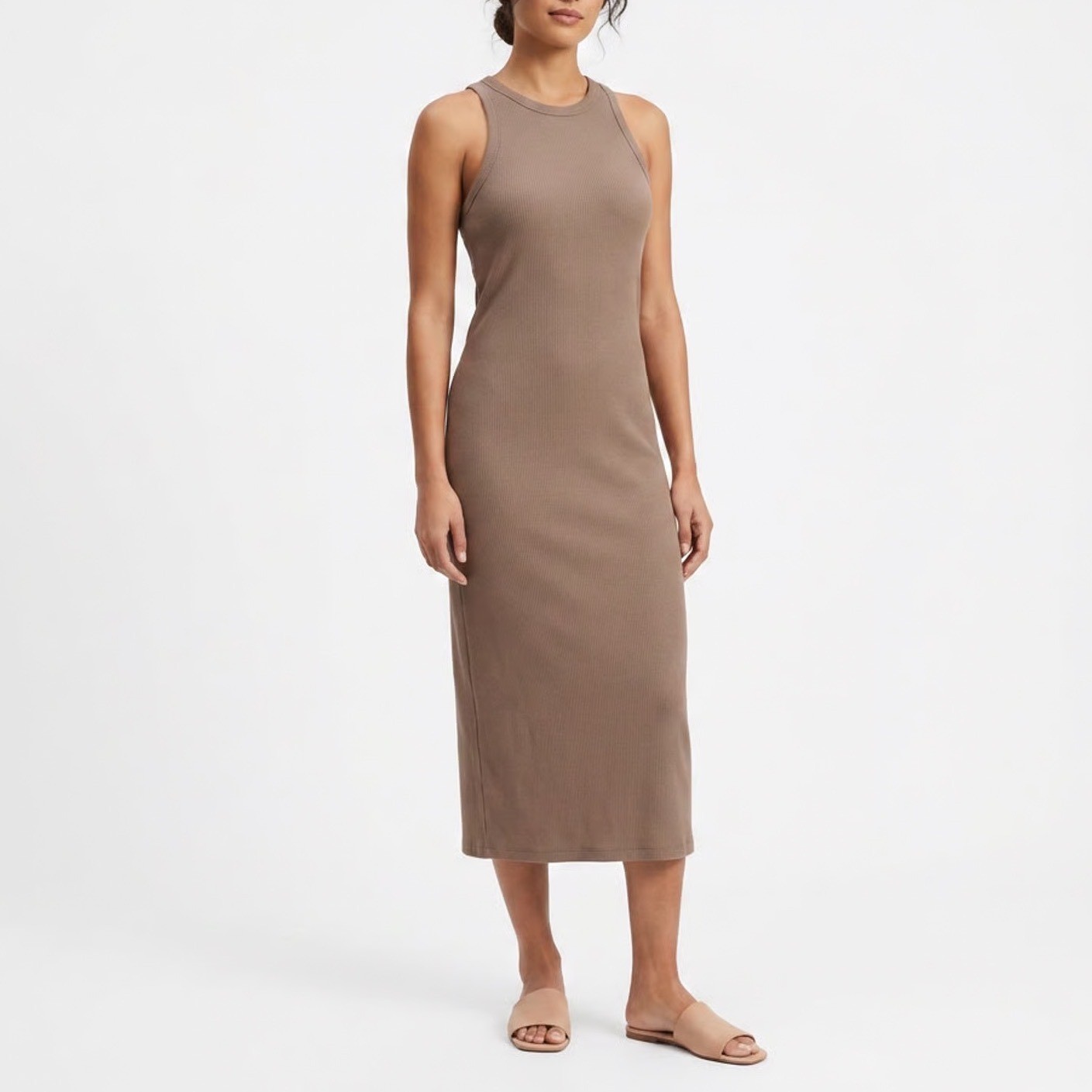 Athleta Midi Shift Dress Women Large Brown Ribbed Round Neck Sleeveless Pullover