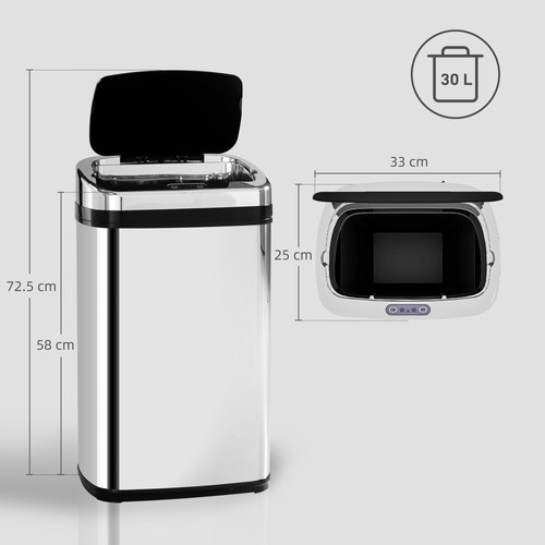 HOMCOM 30L Automatic Kitchen Bin with Lid and Infrared Motion Sensor Silver - Picture 3 of 11