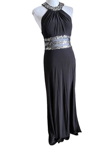 BLONDIE NITES Beaded High Neck Evening Dress w Illusion Cutouts At Waist Size 13 - Picture 4 of 8