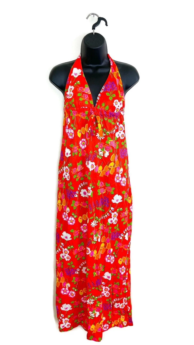 Vtg SEARS Womens Orange Floral Flower Power Maxi Halter Dress 60s