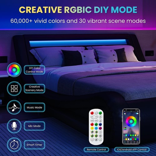 Queen King Curve Deluxe Upholstered Modern Bed Frame with LED Headboard, Black - Picture 20 of 31