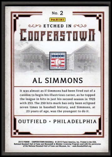 Panini Cooperstown 2015 grabado en plata Cooperstown #2 Al Simmons - casi nuevo-como nuevo - Imagen 2 de 2