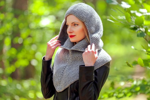SuperTanya hooded wool hat scarf neck warmer gray knight scarf READY TO SHIP - Picture 5 of 6