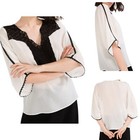 Zara White Blouse Top Crochet Black Details V Neck 3/4 Sleeve Elegant Size M