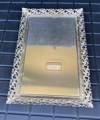 Vassoio vintage antico metallo dorato filigrana retangle specchio piedi 14,5 x 9,5 - Foto 3 di 9