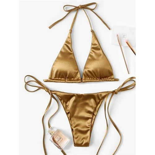 Sexy 13 Colores Halter Satén Brasileño Bikini Traje de Baño Dos Piezas Conjunto de Bikini - Imagen 18 de 35