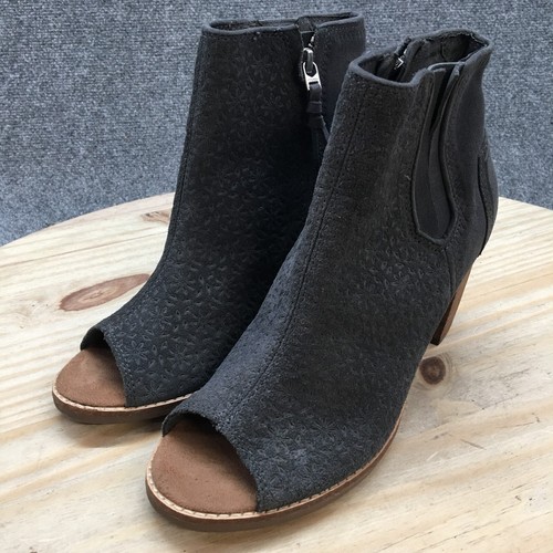 Toms Boots Womens 8 Wide Block Heel Ankle Booties Side Zips Peep Toe Gray Suede  - Picture 3 of 11