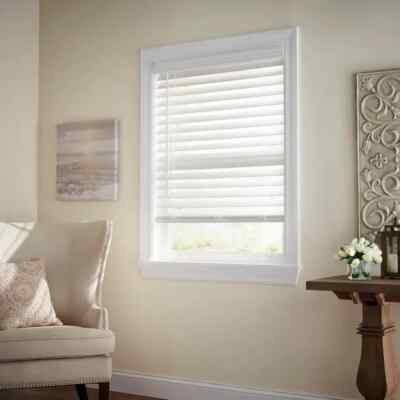 White Cordless Premium Faux Wood blinds with 2.5 in. Slats