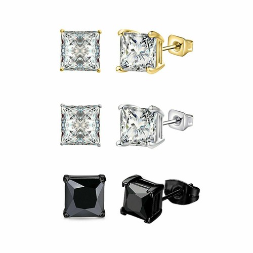 3Pairs Stainless Steel Square Cut CZ Ear Stud Earrings Mens Womens 3mm-8mm Set - Picture 4 of 5