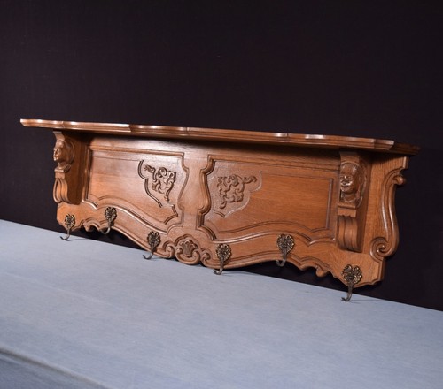 49" Vintage French Solid Oak Coat Rack Hall Tree Wood Shelf Brass Hooks w/Faces - Picture 3 of 13