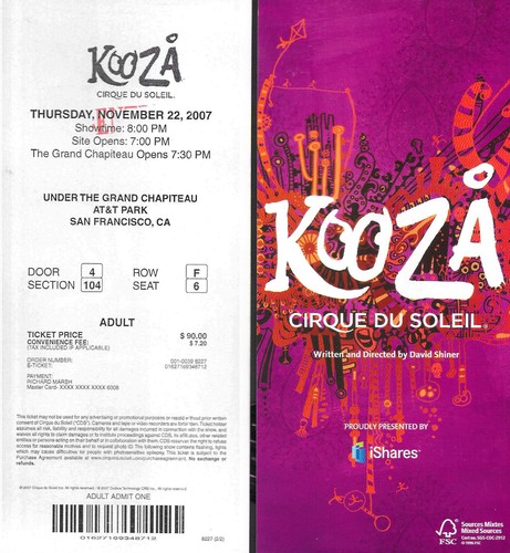 TICKET (JE 1) CIRQUE DU SOLEIL KOOZA 22. NOVEMBER 2007 SAN FRANCISCO AT&T PARK