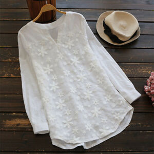 Women-White-Lace-Crochet-Blouse-Casual-Evening-Party-Tops-Loose-Baggy-T-Shirts