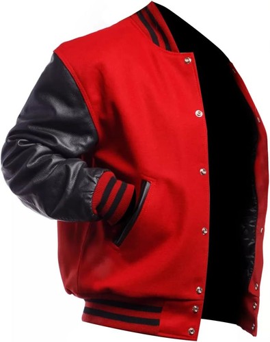 Womens College Baseball Varsity Letterman Bomber Black Red Wool Leather Jacket - Picture 2 of 4