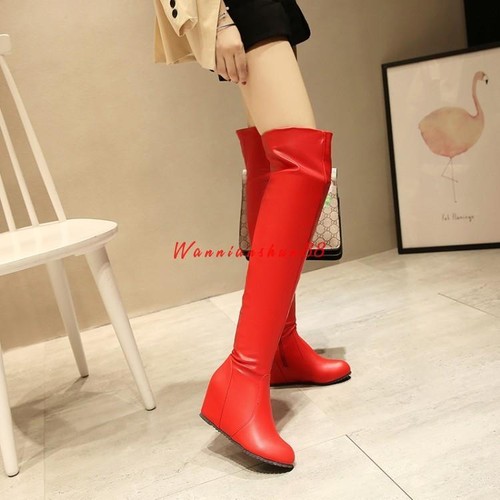 Damenschuhe PU Leder versteckter Keilabsatz hohe Overknee-Stiefel - Bild 3 von 12