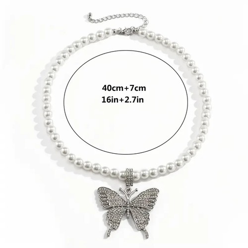 Women Girl Luxury Elegant Butterfly Cubic Zirconia Pendant Pearl Beaded Necklace - Picture 6 of 7