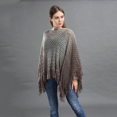 Lady Poncho Wrap Shawl Cape Top Blouse Cloke Cloak Knit Crochet Gradient Tassels - Picture 8 of 25