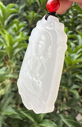 Grado A Natural HeTian Oveja Grasa Blanco Jade Jadeíta Tallado a Mano Colgante GuanYin - Imagen 7 de 9