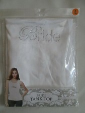 WHITE RIB KNIT BRIDE WEDDING BRIDAL SHOWER TANK TOP RHINESTONE SCOOP NECK L NEW
