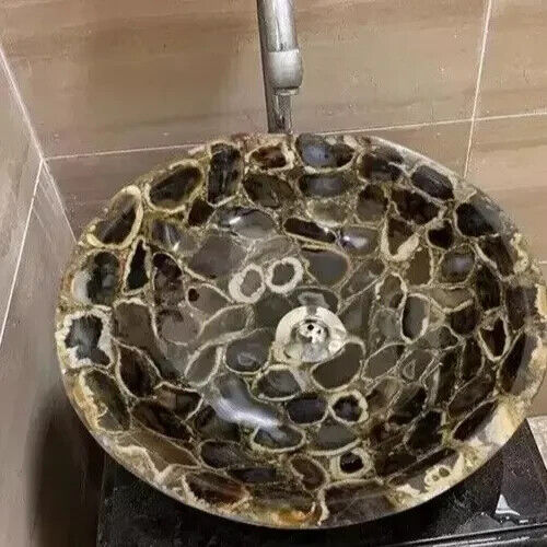 Round Black Agate Stone Bathroom Sink 15" Luxury Gemstone Basin for Home Decor - Picture 6 of 6