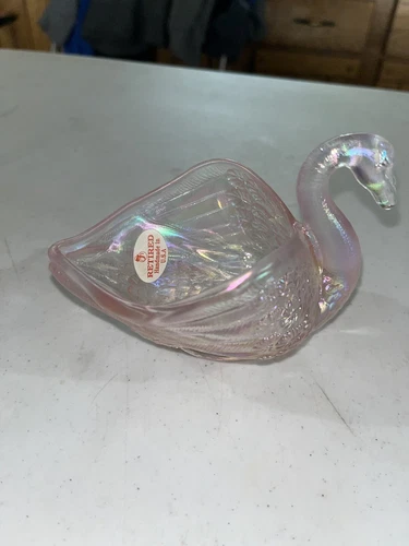 Vintage Fenton Rosalene Pink Iridescent Glass Swan 4 in. Vase Dish Figurine