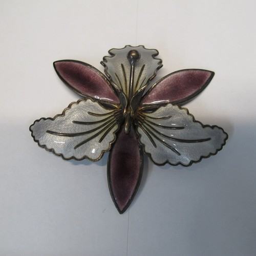 VTG Norway Sterling Silver Purple & White Enamel Guilloche Orchid Brooch C681 - Picture 3 of 11