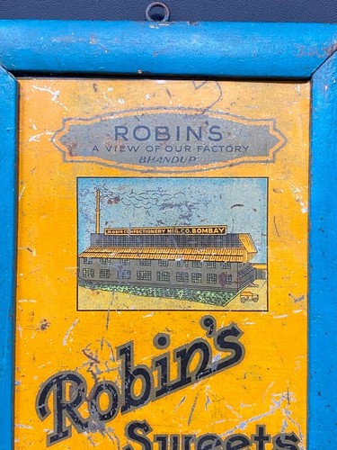 Antiguo Robin's Dulce Caramelo Adv Litografía Letrero Lata Tablero Madera Azul Enmarcado - Imagen 3 de 6